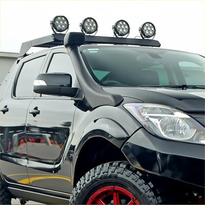 Black matte off-road mazda bt50 pickup with roof rack led lights and red-accented alloy wheels snorkel 2012-2020