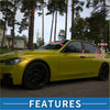 Vibrant lime green bmw sedan with black alloy wheels shown with 10 black car pillar window trim covers for toyota rav4 2019 2023