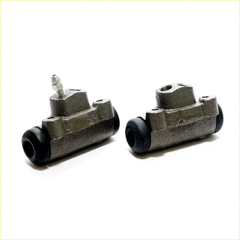 Gray metallic 11/16 rear brake cylinder with black rubber seals and threaded fittings for mazda bongo 1983-1999 backside view
