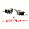 Gray metallic 13/16 rear wheel brake master cylinder with black rubber boots and threaded rods for toyota hilux back side