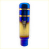 A 13cm tokyo toms kanji gear knob made of stainless steel with vibrant blue to gold gradient and engraved japanese text