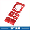 Red glossy aluminum car interior button covers with engraved climate and audio icons for toyota rav4 window switches