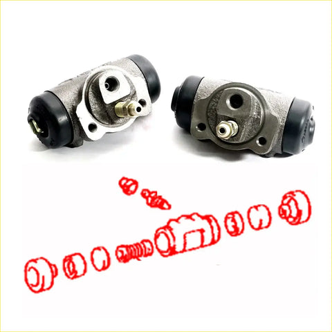 Two metallic gray 15/16 rear brake cylinders with black rubber end caps and silver fittings for toyota hilux ggn15 kun15