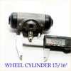 Gray metallic 15/16 rear wheel brake cylinder with black rubber caps and threaded rod for toyota hilux measured at 44.8 mm
