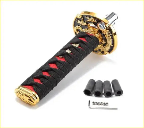 15cm black red katana samurai gear knob with woven cord handle and gold metal fittings for car interior