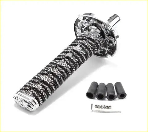 Silver finished 15cm black white katana samurai gear knob with black silver braided handle and dragon guard design