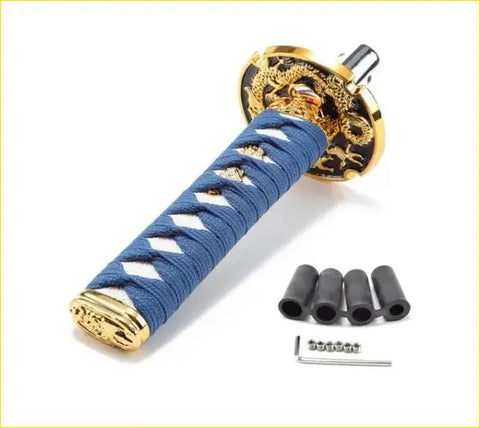 Blue 15cm katana samurai gear knob with gold dragon fittings and black cylindrical accessories nearby