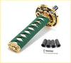 15cm green katana samurai gear knob with green wrapped sword hilt gold dragon embossed metal fittings and black accessories