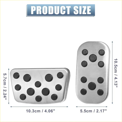 Silver metallic aluminum car foot pedal covers with black rubber grip dots shown in two sizes for toyota c-hr