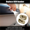Close-up of beige plastic front and rear interior door handle pulls for toyota with oem replacement part numbers shown