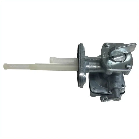 Silver metallic fuel petcock with translucent white plastic spout and lever handle for suzuki king quad 300 and quadrunner 250