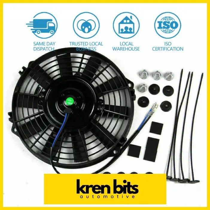 Black plastic 9inch 12v 80w electric radiator fan with green button and blue wiring for automotive cooling fits mounting kits