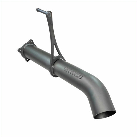 Black matte metal 3.5 inch muffler delete rear with curved dump tip and redback branding visible from back side