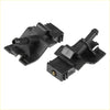 Black plastic windshield washer fluid reservoir connectors with molded tabs and threaded ports for toyota 4runner