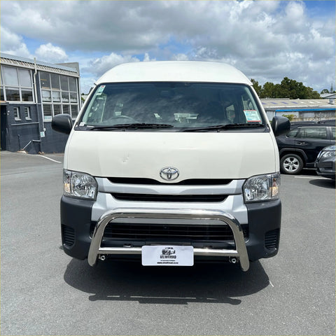 White toyota hiace van with chrome 304 stainless steel nudge bar and black lower grille trim from 2005 to 2019
