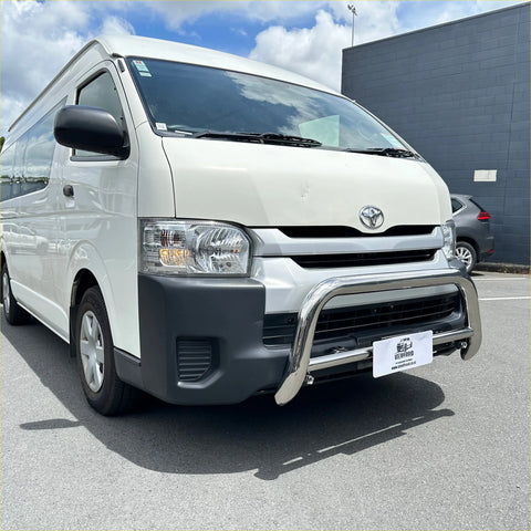 White toyota hiace van with a chrome 304 stainless steel nudge bar wide body 2005-2019 front bumper guard