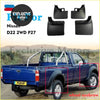 Black rubber mud flaps for nissan d22 2wd p77 pickup truck shown from the back in a 4-piece mudguard set