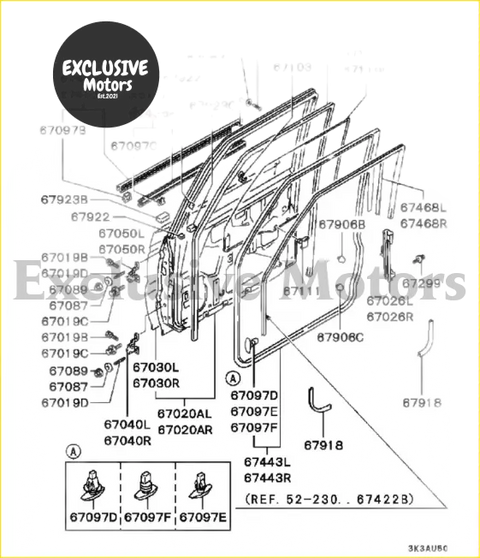 Black and white schematic of pajero 2nd v20 front frame showing part numbers for 4 pieces window glass rubber inner kit