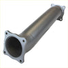 Silver metallic exhaust manifold with flanged ends and bolt holes for 4 inch redback extreme duty offset muffler delete