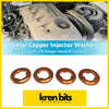 Four copper circular diesel injector washers with distinctive cutouts for ford pj or pk ranger on white background