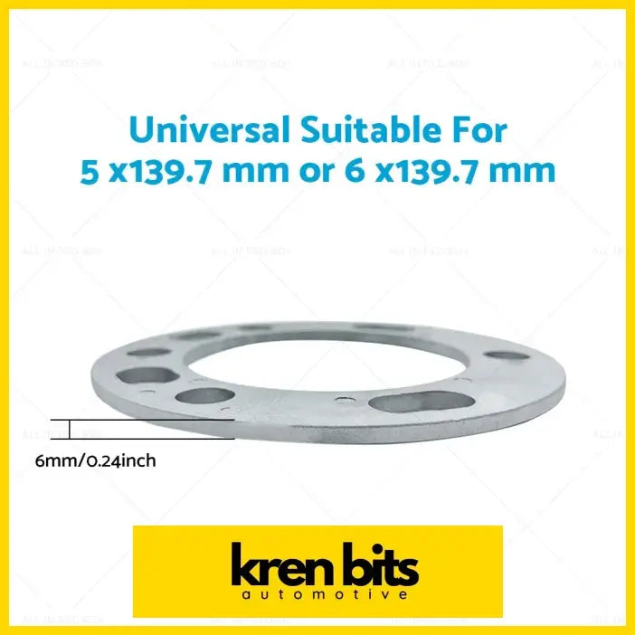 Silver metallic wheel hub adapter ring with six bolt holes for universal 5x139.7 or 6x139.7 wheels by kren bits automotive
