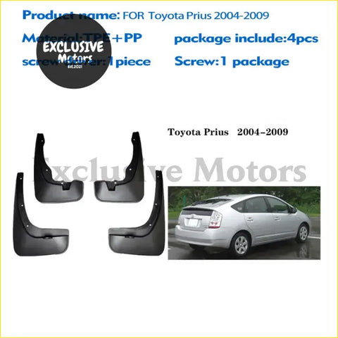Black plastic mud flaps set 4x for toyota prius xw20 2004-2008 shown from the back side