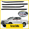 Black rubber side window trim strips for toyota hilux sr5 double cab pickup trucks shown from the back side