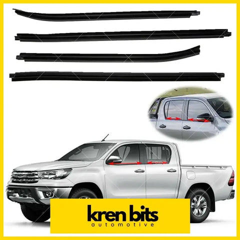 Black rubber side window trim strips for toyota hilux sr5 double cab pickup trucks shown from the back side