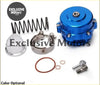 Blue anodized aluminum performance intake manifold kit shown from the back for 50mm bov turbo blow off valve