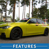 Vibrant yellow bmw sedan with sleek black alloy wheels and tinted windows shown alongside 6 pcs black door pillar window trim for toyota reiz 2010-2016