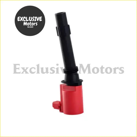 Red and black ignition coil pack with cylindrical body and threaded top for ford ba bf falcon 2002-2008 engine connection