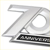 Shiny chrome 70th anniversary emblem pair with bold raised lettering on sleek metallic base for car decoration