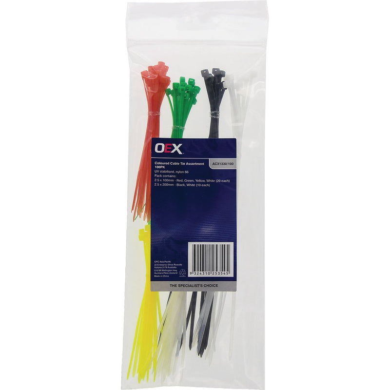 OEX Coloured Cable Tie Assortment - 100 Pc ACX1330/100
