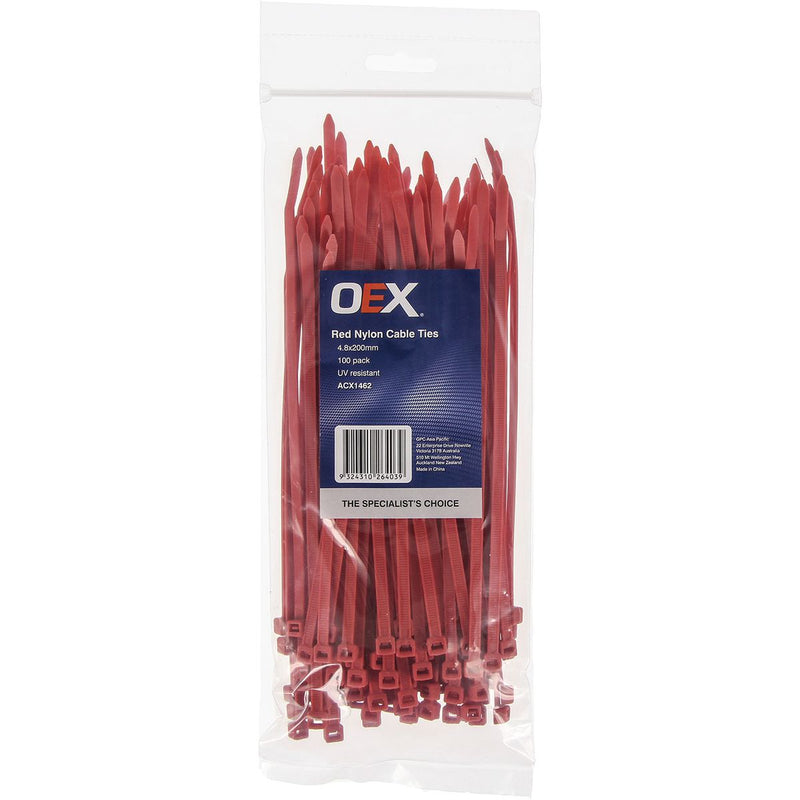 OEX Red Nylon Cable Ties - 4.8mm X 200mm - 100 Pc ACX1462