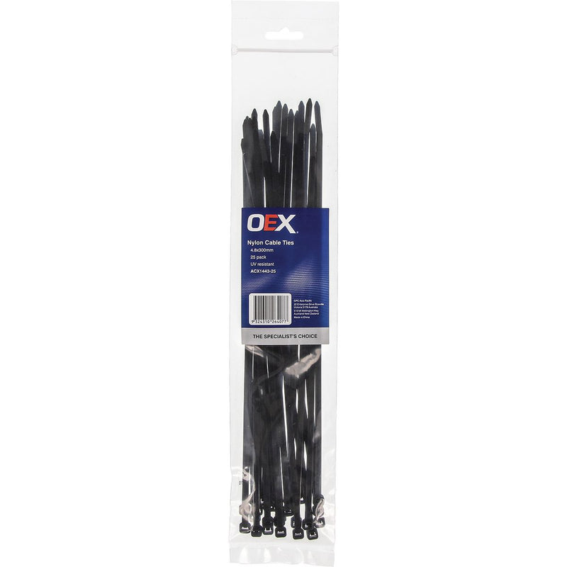 OEX Black Nylon Cable Ties - 4.8mm X 300mm - Pack Of 25