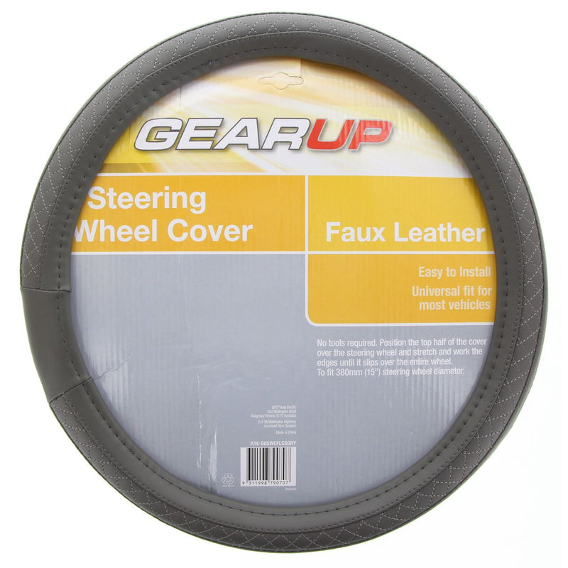 Gearup Steering Wheel Cover 15" Faux Leather Grey