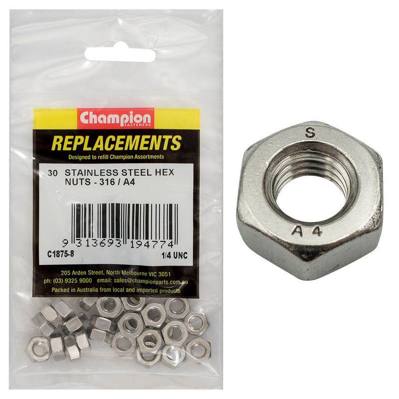 Champion Fasteners Hex Plain Nut Stainless Steel 1/4In