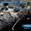 Silver metal a/c refrigerant liquid hose with l-shaped bend and threaded ends for toyota vios 2016-2020 shown in engine bay