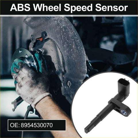 Black abs wheel speed sensor for Toyota Mirai with cylindrical body and rectangular connector housing shown from back side