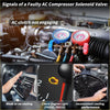 Ac compressor control solenoid valve for Toyota Scion with blue and red ac pressure gauges and brass fittings attached