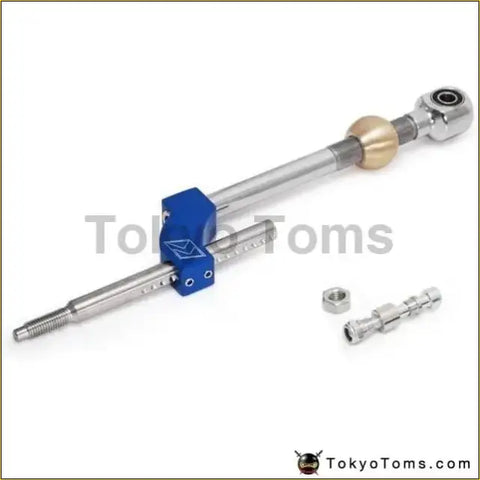 Adjustable height dual bend short shifter with blue and silver metal linkage and brass ball joint for integra crx b16