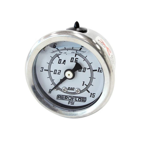 Aeroflow 1-1/2" 0-15 PSI Liq Fill Gauge White Face Black