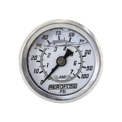 Aeroflow 1-1/2" 0-100 PSI Liq Fil Gauge White Face Black