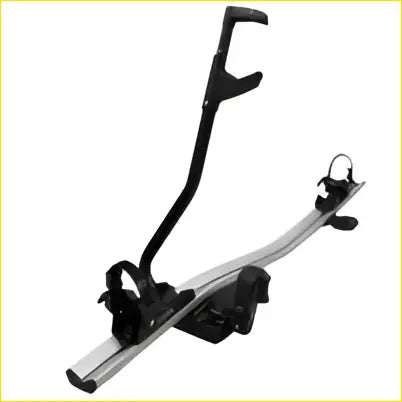 Black metal alloy bike roof rack with adjustable arms and padded clamps for Subaru Forester bike carrier holder