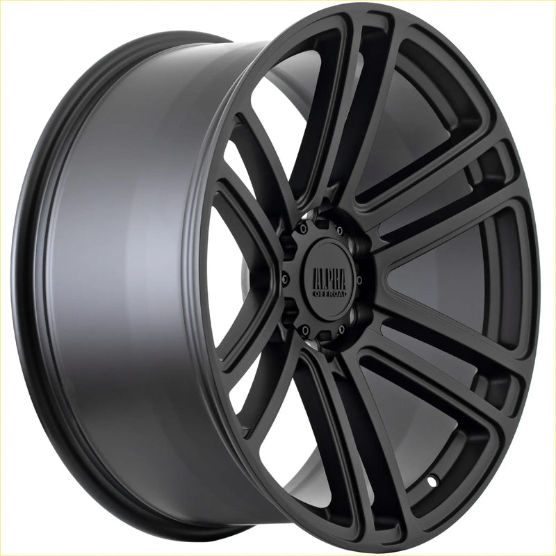 Black matte finished alloy wheel alpha barricade 20 plus 10 multi spoke design with alpha one road branding center