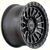 Black matte finished alpha combat 17x9 alloy wheel with bold multi spoke design and etched detailing around the rim