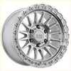 Silver alpha combat overland off-road wheel with machined finish and intricate spoke design 17x9 6x139.7 offset 0