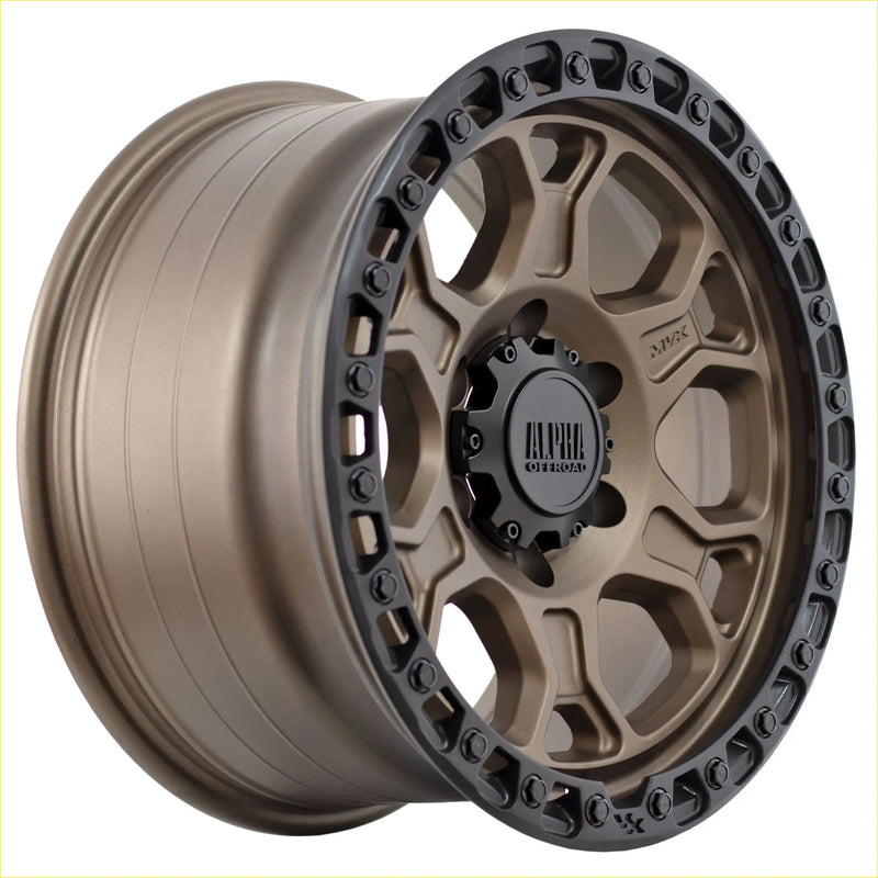 Bronze and black two tone off road wheel with rugged geometric spokes alpha enduro matt bronze matt black lip