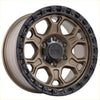 Bronze and black two-tone alloy wheel with aggressive geometric spokes and alpha outrider center cap for enduro use