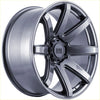 A sleek dark gray metallic alloy wheel with a multi-spoke design and alpha off-road center cap hyper grey model